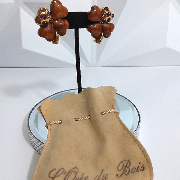 Exceptional L’OREE du BOIS France 18k Wood Amethyst 4 Leaf Clover Earrin… - Picture 2 of 5
